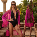 Kimono corto leopardato con cappuccio da spiaggia