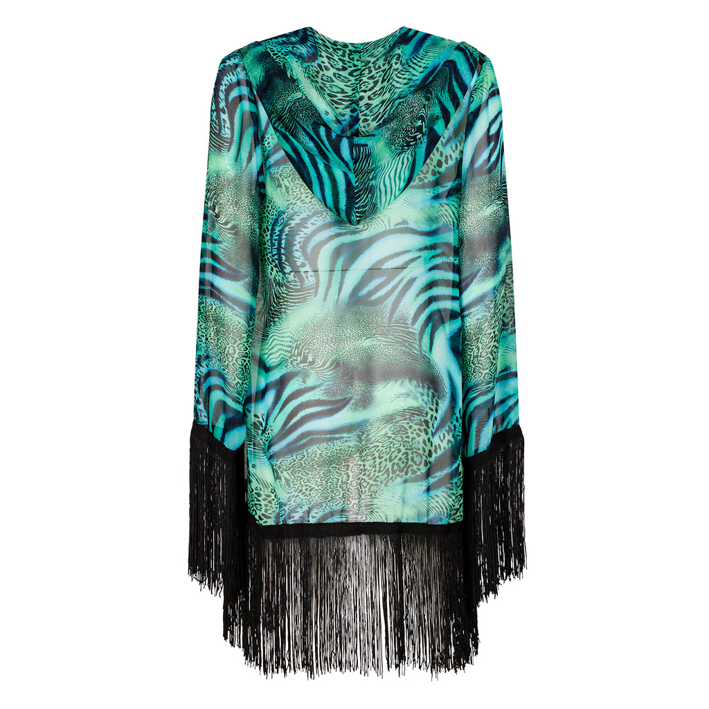 Kimono tigrato corto con cappuccio 