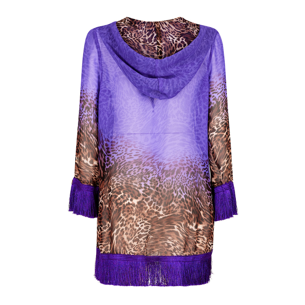 Kimono corto leopardato con cappuccio da spiaggia