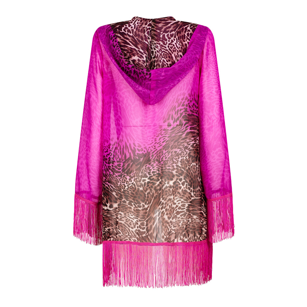 Kimono corto leopardato con cappuccio da spiaggia